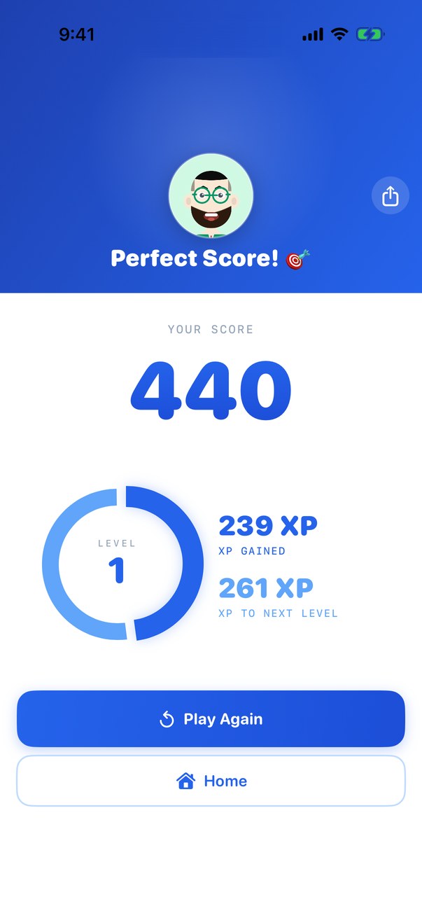Quiz Me — result screen with score and XP