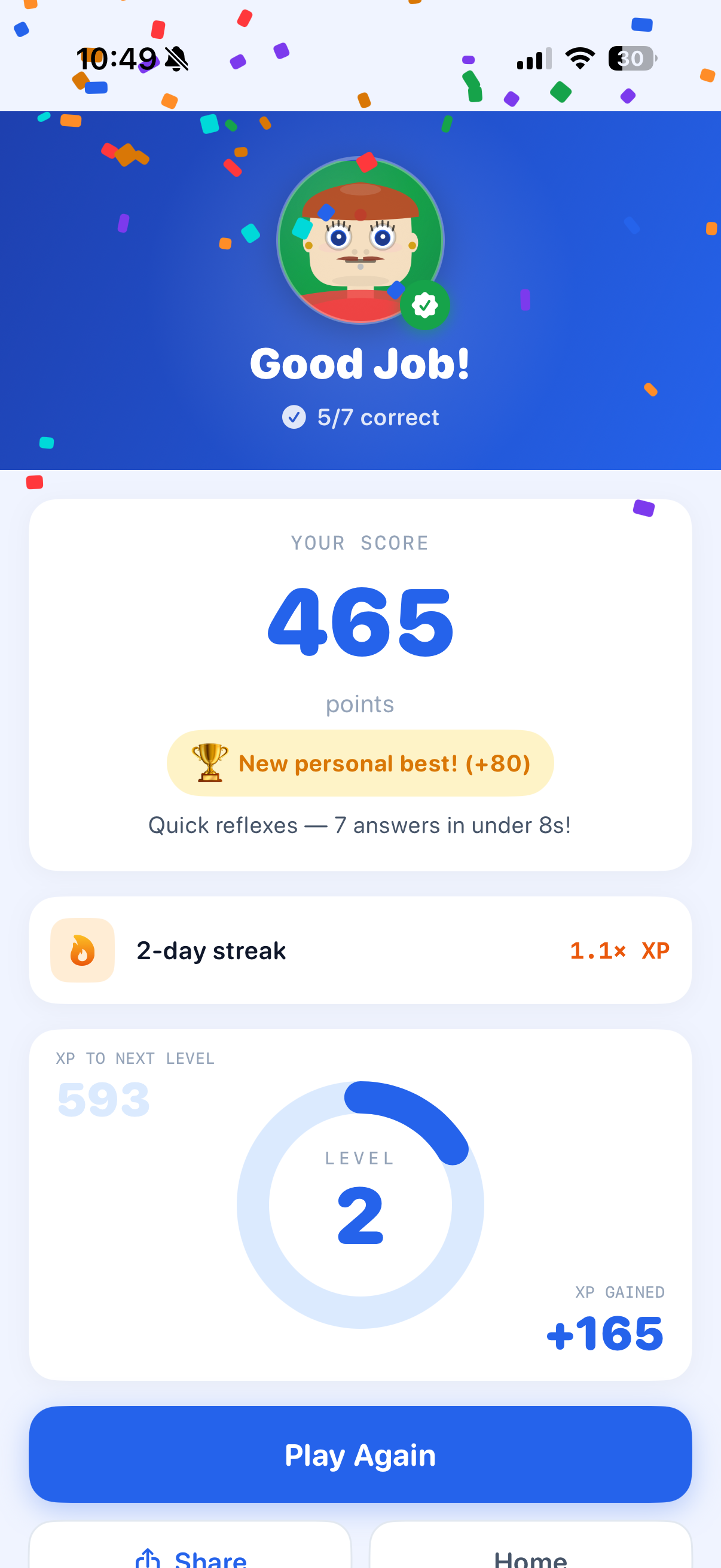 Quiz Me — result screen with XP and streak